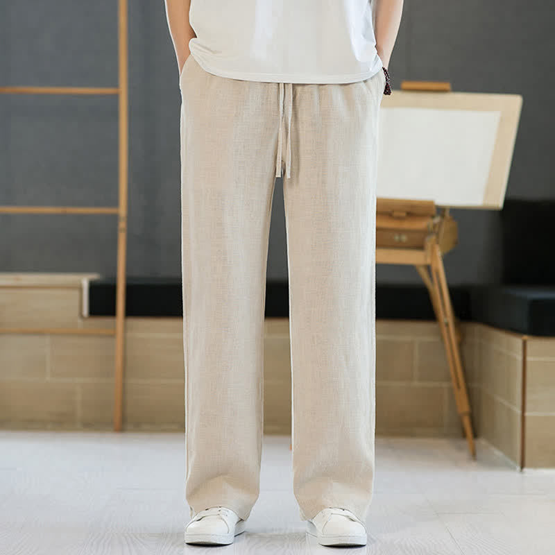 Buddha Stones Lässige, minimalistische lange Herrenhose mit Kordelzug, geradem Bein und Taschen für Frühling und Sommer - Leinen - US/ UK/AU46, EU56 (5XL) - image 24