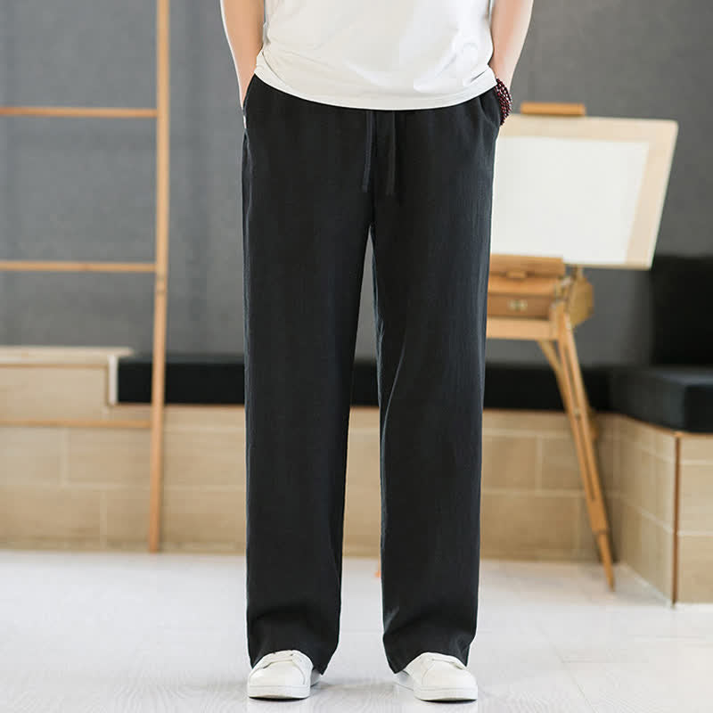 Buddha Stones Lässige, minimalistische lange Herrenhose mit Kordelzug, geradem Bein und Taschen für Frühling und Sommer - Schwarz - US/ UK/AU46, EU56 (5XL) - image 6
