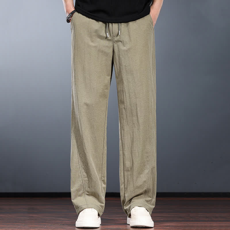 Buddha Stones Lässige, minimalistische lange Herrenhose mit Kordelzug, elastischem Bund und Taschen für Frühling und Sommer - Bräunen - US/ UK/AU44, EU54 (4XL) - image 0