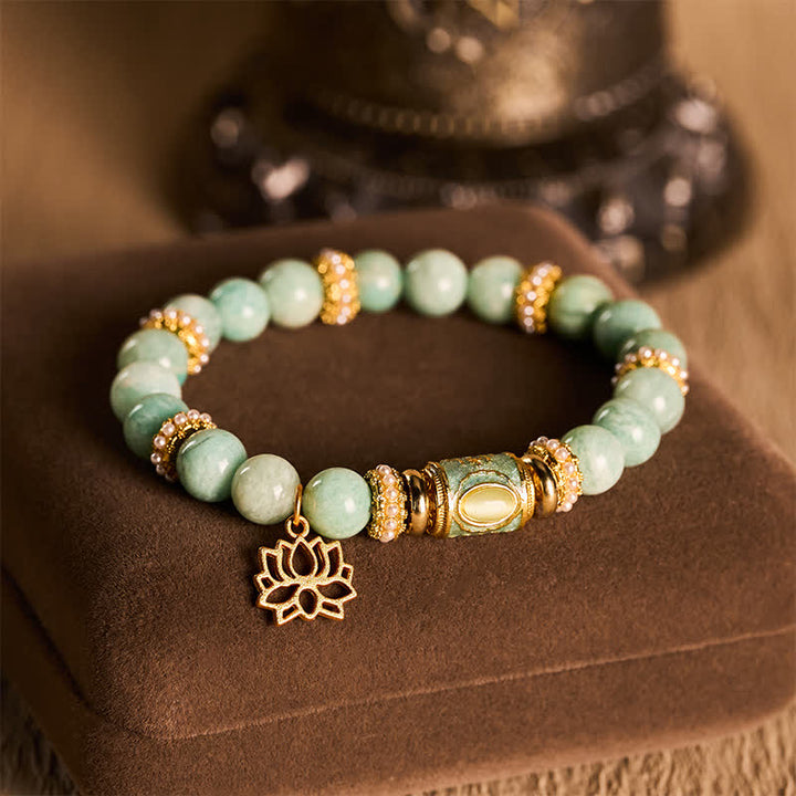 Buddha StonesAmazonit-Emaille-Fassperlen-Lotusanhänger, handpoliertes Armband mit runden Perlen - image 2