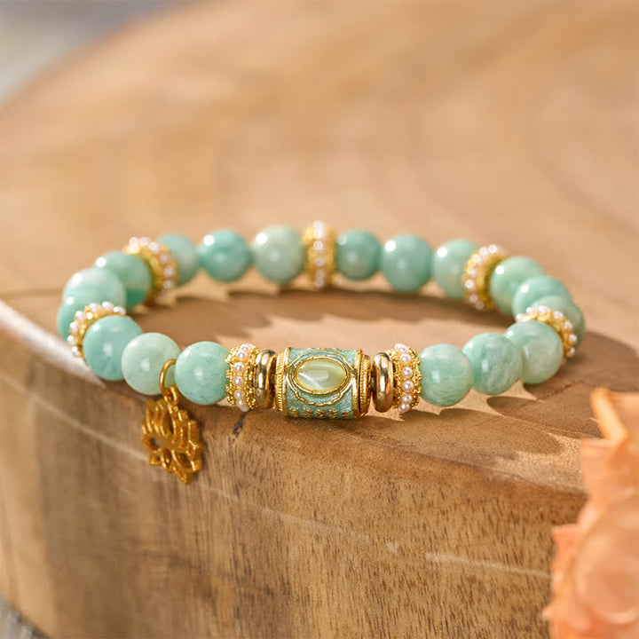 Buddha StonesAmazonit-Emaille-Fassperlen-Lotusanhänger, handpoliertes Armband mit runden Perlen - image 3