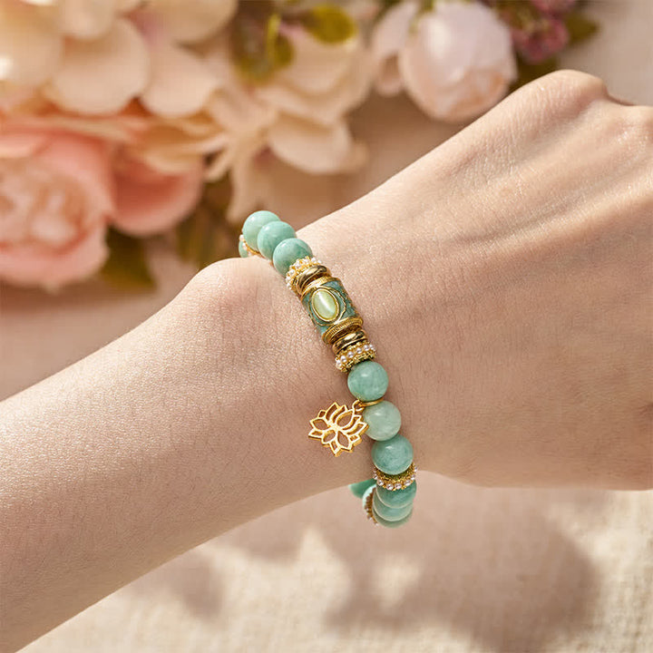Buddha StonesAmazonit-Emaille-Fassperlen-Lotusanhänger, handpoliertes Armband mit runden Perlen - image 4