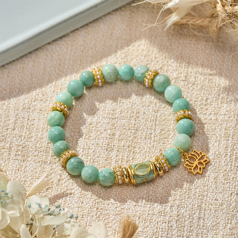 Buddha StonesAmazonit-Emaille-Fassperlen-Lotusanhänger, handpoliertes Armband mit runden Perlen - Amazonit (Handgelenkumfang: 15–16 cm) - image 0