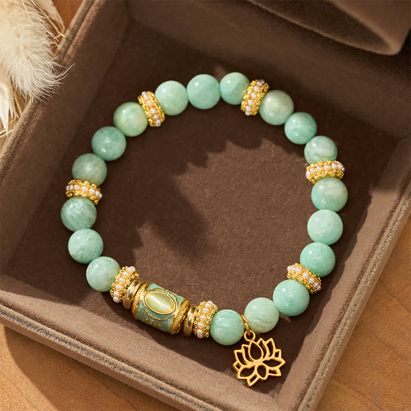 Buddha StonesAmazonit-Emaille-Fassperlen-Lotusanhänger, handpoliertes Armband mit runden Perlen - image 1
