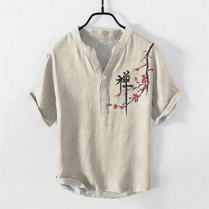 Buddha Stones Kurzarmhemd aus Baumwolle mit Kirschblüten-Kalligrafie und Zen-Muster, halb geknöpft, Herrenhemd - Beige - US/ UK/AU50, EU60 (5XL) - image 0