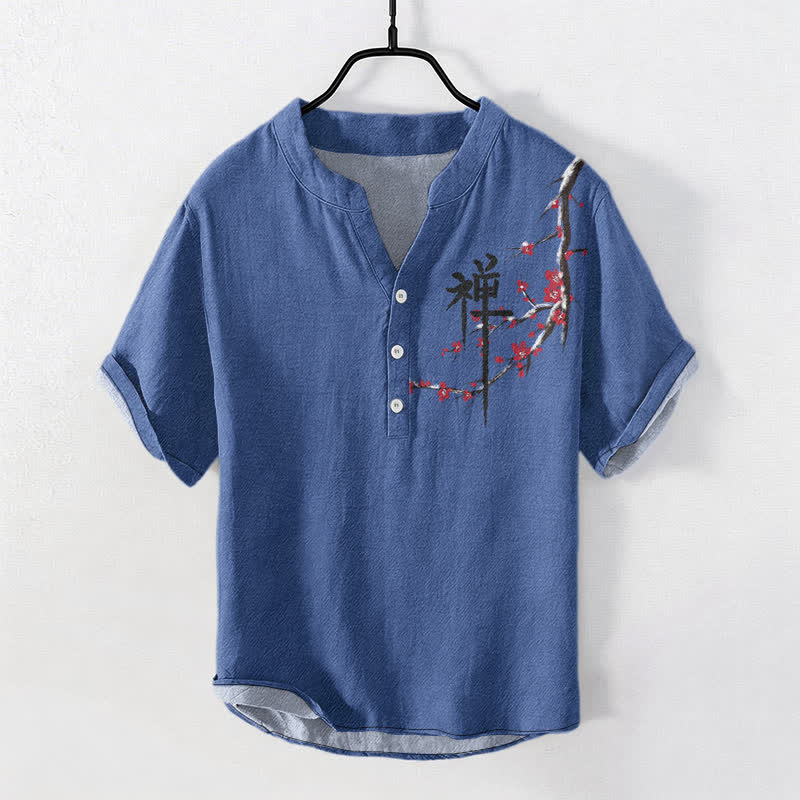 Buddha Stones Kurzarmhemd aus Baumwolle mit Kirschblüten-Kalligrafie und Zen-Muster, halb geknöpft, Herrenhemd - SteelBlue - US/ UK/AU50, EU60 (5XL) - image 3