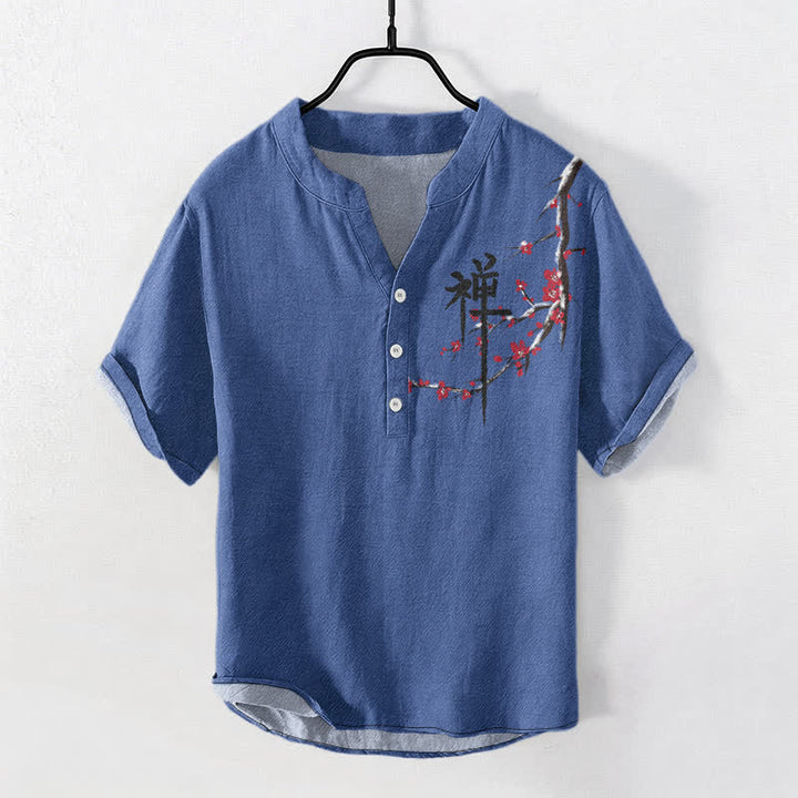 Buddha Stones Kurzarmhemd aus Baumwolle mit Kirschblüten-Kalligrafie und Zen-Muster, halb geknöpft, Herrenhemd - SteelBlue - US/ UK/AU50, EU60 (5XL) - image 3