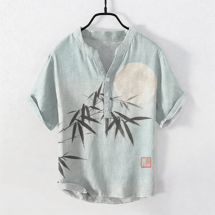 Buddha Stones Kurzarm-Herrenhemd aus Baumwolle mit Bambusblatt- und Mondmuster, halber Knopfleiste - AliceBlue - US/ UK/AU50, EU60 (5XL) - image 0
