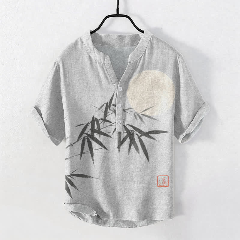 Buddha Stones Kurzarm-Herrenhemd aus Baumwolle mit Bambusblatt- und Mondmuster, halber Knopfleiste - Hellgrau - US/ UK/AU50, EU60 (5XL) - image 5