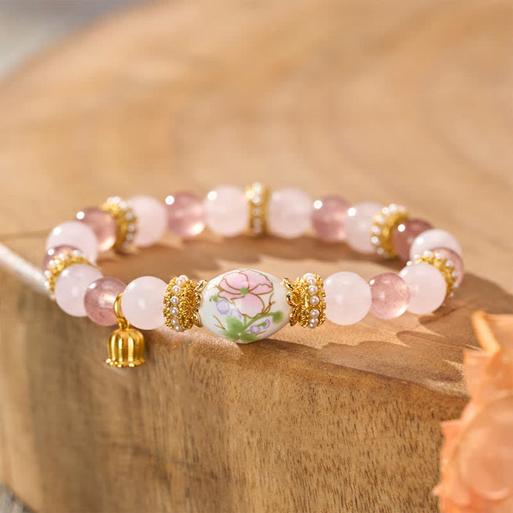 Buddha Stones Natürliche Erdbeerquarz-Rosenquarz-Keramik-Fassperle Lotus-Anhänger-Armband mit klaren runden Perlen - Erdbeerquarz Rosenquarz (Handgelenkumfang: 15–16 cm) - image 0