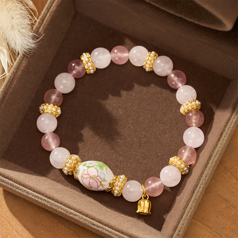 Buddha Stones Natürliche Erdbeerquarz-Rosenquarz-Keramik-Fassperle Lotus-Anhänger-Armband mit klaren runden Perlen - image 1
