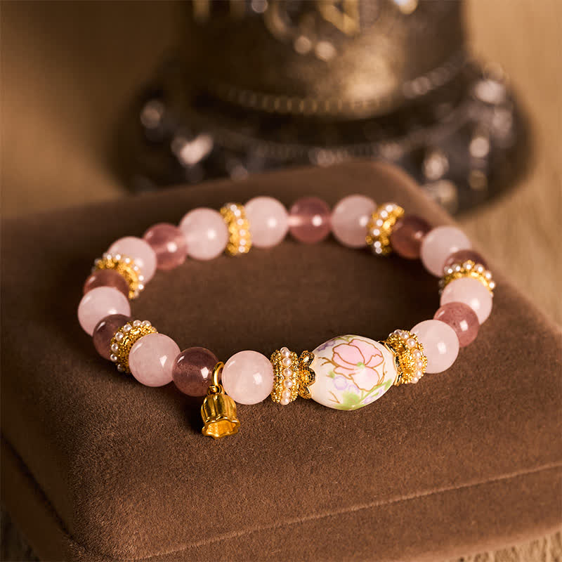 Buddha Stones Natürliche Erdbeerquarz-Rosenquarz-Keramik-Fassperle Lotus-Anhänger-Armband mit klaren runden Perlen - image 4
