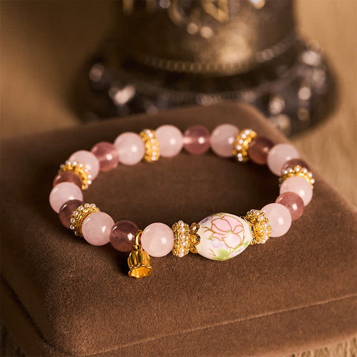 Buddha Stones Natürliche Erdbeerquarz-Rosenquarz-Keramik-Fassperle Lotus-Anhänger-Armband mit klaren runden Perlen - image 4