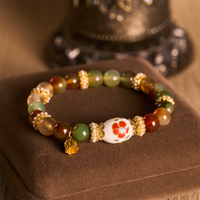 Buddha Stones Natürlicher Pfauenachat-Keramik-Fassperlen-Lotusanhänger, Selbstvertrauens-Rundperlen-Armband - image 1