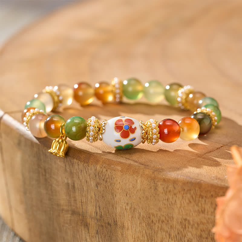 Buddha Stones Natürlicher Pfauenachat-Keramik-Fassperlen-Lotusanhänger, Selbstvertrauens-Rundperlen-Armband - Pfauenachat (Handgelenkumfang: 15–16 cm) - image 0