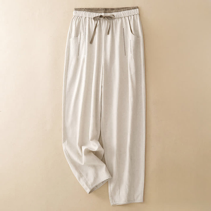 Buddha Stones Lässige, minimalistische Sommerhose mit Kordelzug, einfarbig, knöchellang, Damenhose mit schmal zulaufendem Bein und Tasche - Beige - US8-10, UK/AU12-14, EU40-42 (2XL) - image 0