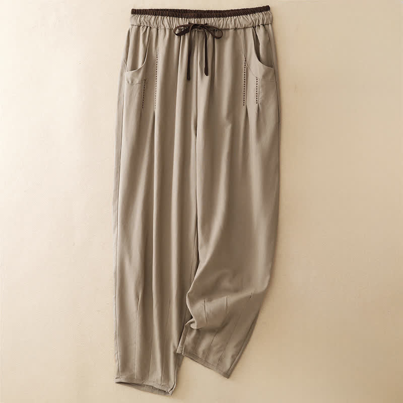 Buddha Stones Lässige, minimalistische Sommerhose mit Kordelzug, einfarbig, knöchellang, Damenhose mit schmal zulaufendem Bein und Tasche - Bräunen - US8-10, UK/AU12-14, EU40-42 (2XL) - image 9