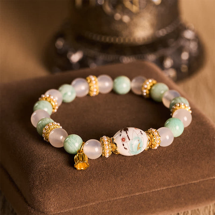 Buddha Stones Armband mit Anhänger aus weißer Achat-Amazonit-Keramikperle in Fassform und Blumenform, Armband mit runder Perle - image 2