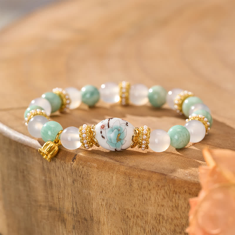 Buddha Stones Armband mit Anhänger aus weißer Achat-Amazonit-Keramikperle in Fassform und Blumenform, Armband mit runder Perle - image 3