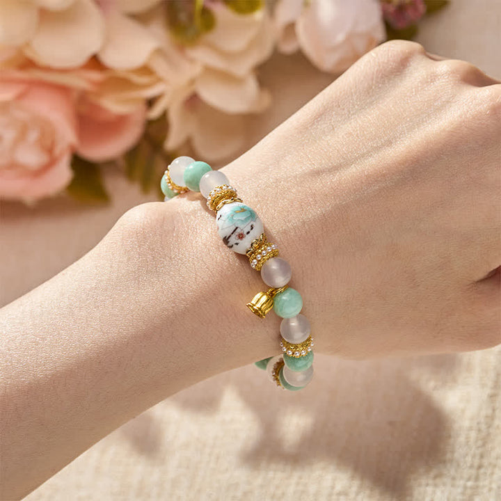 Buddha Stones Armband mit Anhänger aus weißer Achat-Amazonit-Keramikperle in Fassform und Blumenform, Armband mit runder Perle - image 4