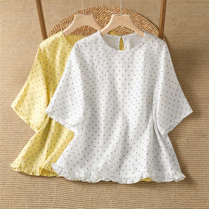 Buddha Stones Lässiges Sommer-T-Shirt mit Polka-Dots und Rüschensaum, Kurzarm, für Damen - image 16