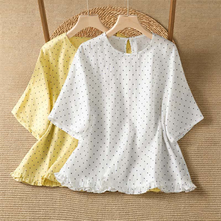 Buddha Stones Lässiges Sommer-T-Shirt mit Polka-Dots und Rüschensaum, Kurzarm, für Damen - image 16