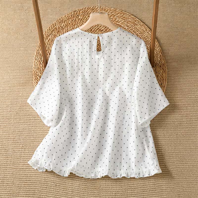 Buddha Stones Lässiges Sommer-T-Shirt mit Polka-Dots und Rüschensaum, Kurzarm, für Damen - image 12