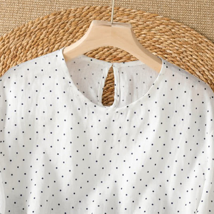 Buddha Stones Lässiges Sommer-T-Shirt mit Polka-Dots und Rüschensaum, Kurzarm, für Damen - image 13