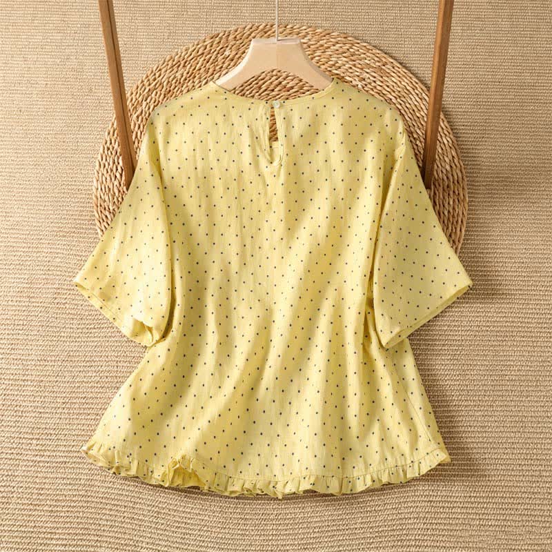 Buddha Stones Lässiges Sommer-T-Shirt mit Polka-Dots und Rüschensaum, Kurzarm, für Damen - image 1