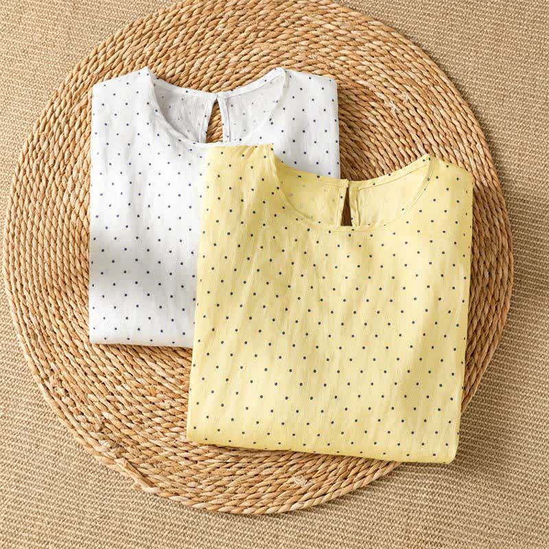 Buddha Stones Lässiges Sommer-T-Shirt mit Polka-Dots und Rüschensaum, Kurzarm, für Damen - image 17