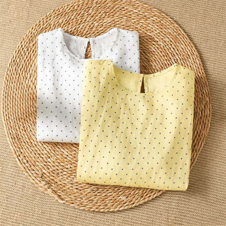 Buddha Stones Lässiges Sommer-T-Shirt mit Polka-Dots und Rüschensaum, Kurzarm, für Damen - image 17