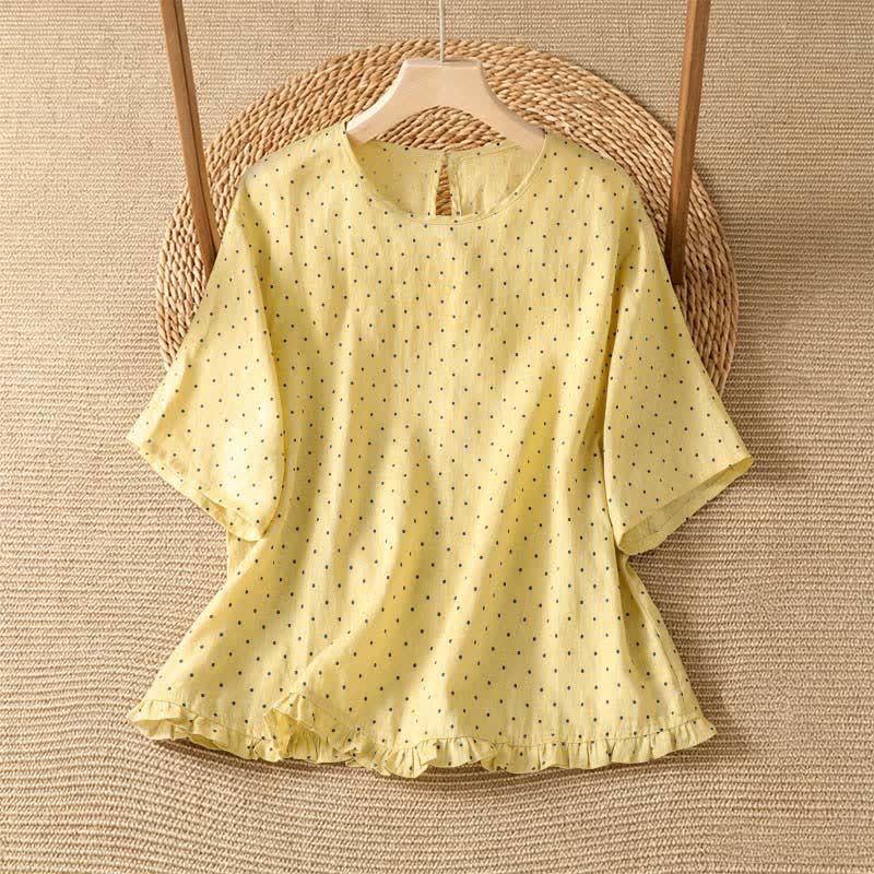 Buddha Stones Lässiges Sommer-T-Shirt mit Polka-Dots und Rüschensaum, Kurzarm, für Damen - Hellgelb - US8-10, UK/AU12-14, EU40-42 (2XL) - image 0
