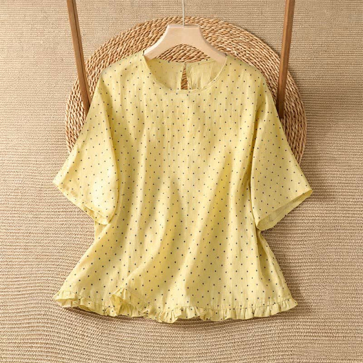 Buddha Stones Lässiges Sommer-T-Shirt mit Polka-Dots und Rüschensaum, Kurzarm, für Damen - Hellgelb - US8-10, UK/AU12-14, EU40-42 (2XL) - image 0