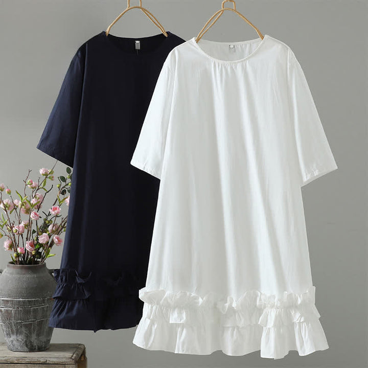 Buddha Stones Sommerliches, lässiges, minimalistisches, einfarbiges Kurzarmkleid mit Rüschensaum für Damen - image 0
