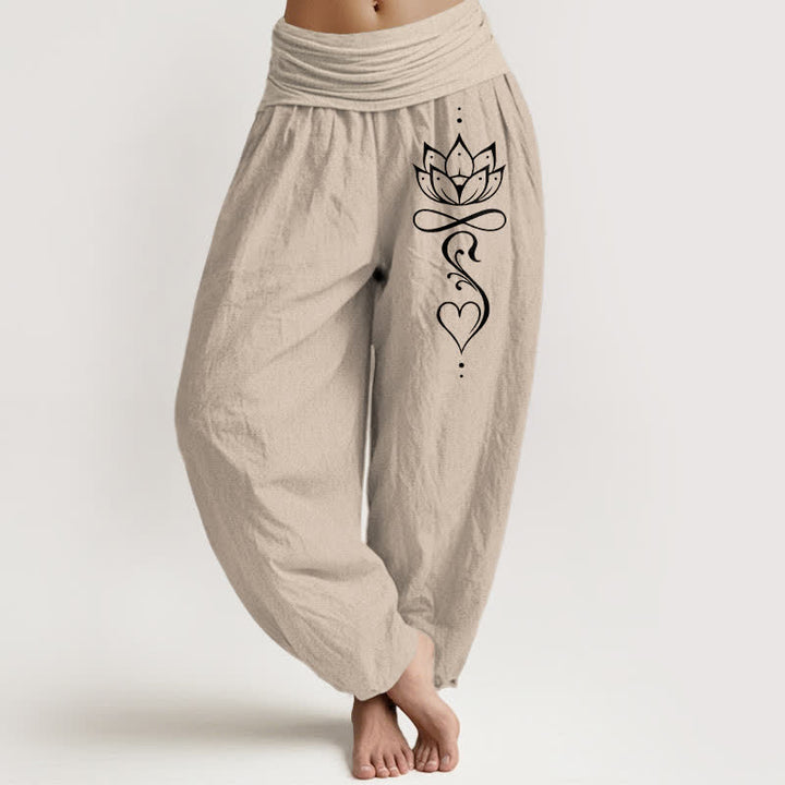 Buddha Stones Damen-Haremshose aus reiner Baumwolle mit weißem Lotus-Linienmuster und elastischem Bund - Bräunen - US16, UK/AU20, EU48 (3XL) - image 11