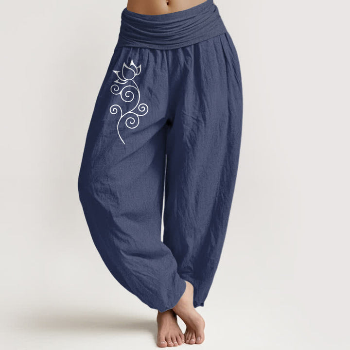 Buddha Stones Weiße Haremshose aus reiner Baumwolle mit Lotusblütenmuster und elastischem Bund. - Dunkelschieferblau - US16, UK/AU20, EU48 (3XL) - image 0