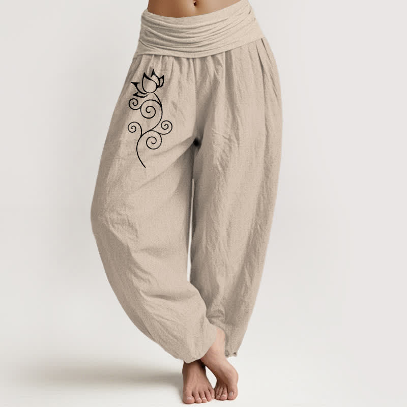 Buddha Stones Weiße Haremshose aus reiner Baumwolle mit Lotusblütenmuster und elastischem Bund. - Bräunen - US16, UK/AU20, EU48 (3XL) - image 11