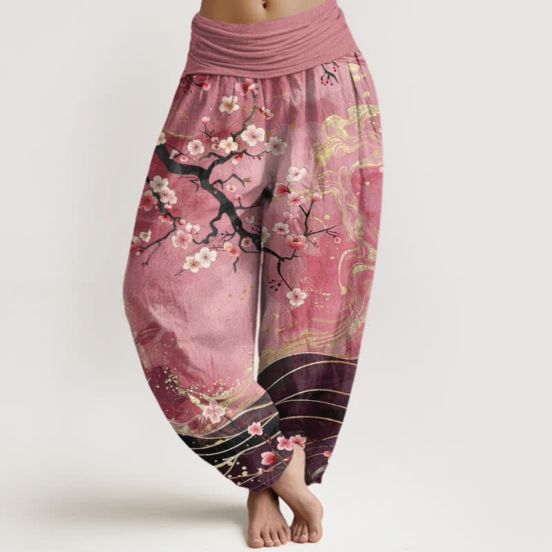 Buddha Stones Haremshose aus reiner Baumwolle mit Kirschblütenmuster und elastischem Bund - Blassviolettrot - US16, UK/AU20, EU48 (3XL) - image 8