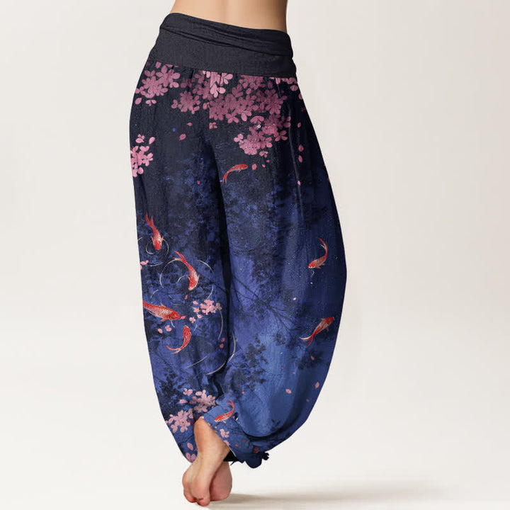 Buddha Stones Damenhose aus reiner Baumwolle mit Koi-Fisch-Sakura-Muster, elastischem Bund und Taschen - image 2