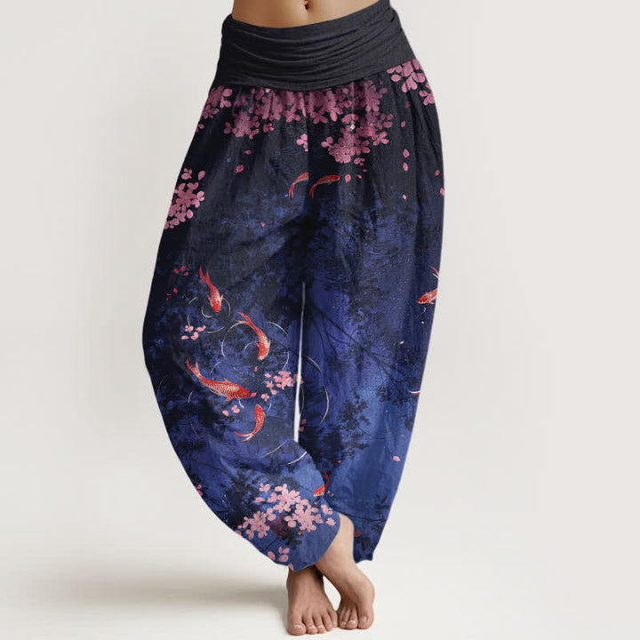 Buddha Stones Damenhose aus reiner Baumwolle mit Koi-Fisch-Sakura-Muster, elastischem Bund und Taschen - Marine - US16, UK/AU20, EU48 (3XL) - image 0