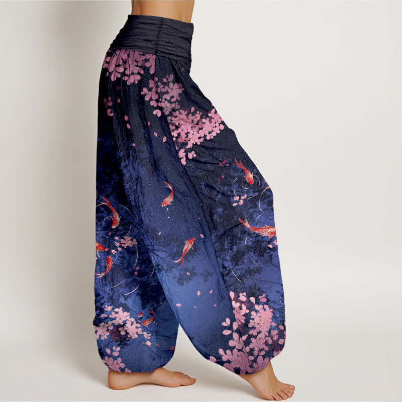 Buddha Stones Damenhose aus reiner Baumwolle mit Koi-Fisch-Sakura-Muster, elastischem Bund und Taschen - image 1