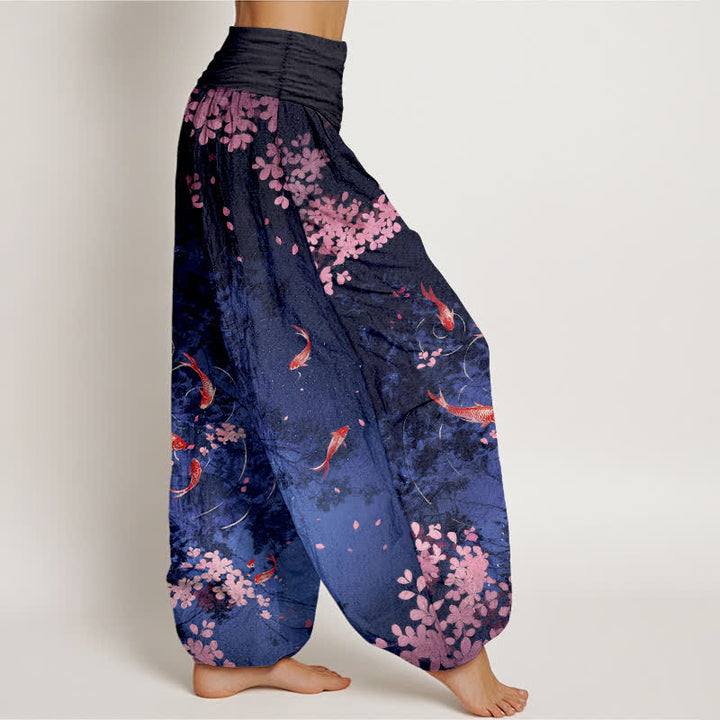 Buddha Stones Damenhose aus reiner Baumwolle mit Koi-Fisch-Sakura-Muster, elastischem Bund und Taschen - image 1