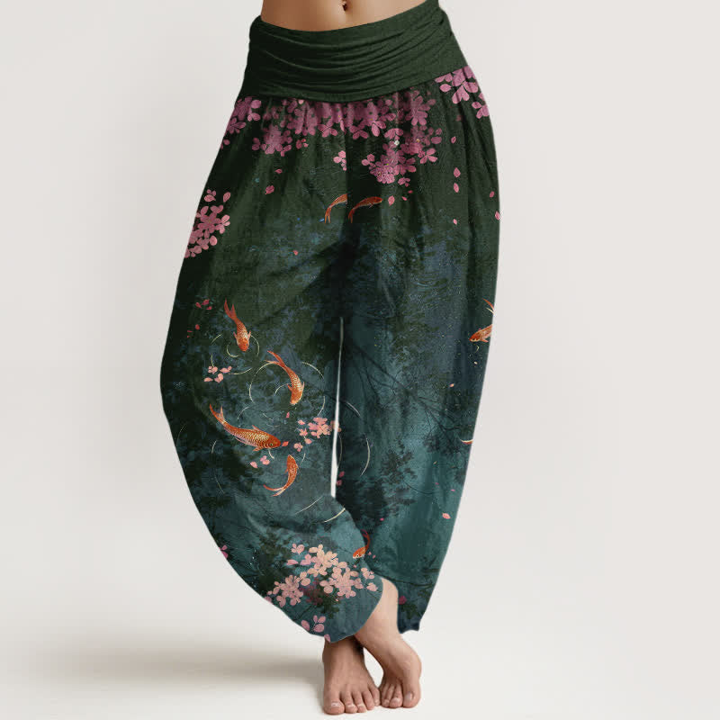 Buddha Stones Damenhose aus reiner Baumwolle mit Koi-Fisch-Sakura-Muster, elastischem Bund und Taschen - Dunkelgrau - US16, UK/AU20, EU48 (3XL) - image 5