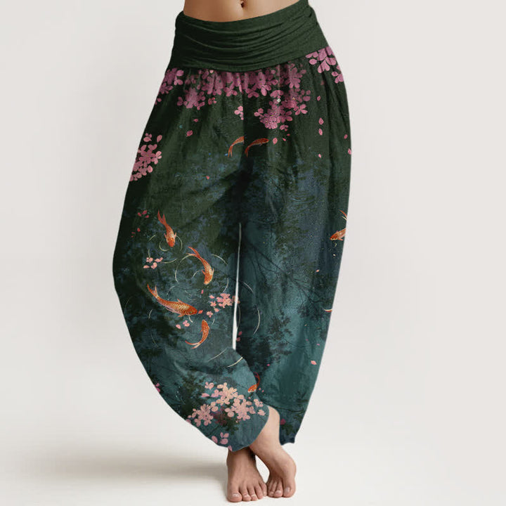 Buddha Stones Damenhose aus reiner Baumwolle mit Koi-Fisch-Sakura-Muster, elastischem Bund und Taschen - Dunkelgrau - US16, UK/AU20, EU48 (3XL) - image 5