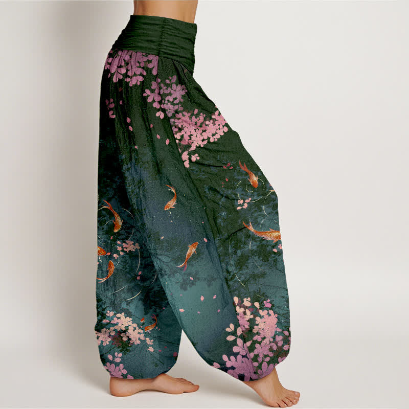 Buddha Stones Damenhose aus reiner Baumwolle mit Koi-Fisch-Sakura-Muster, elastischem Bund und Taschen - image 6