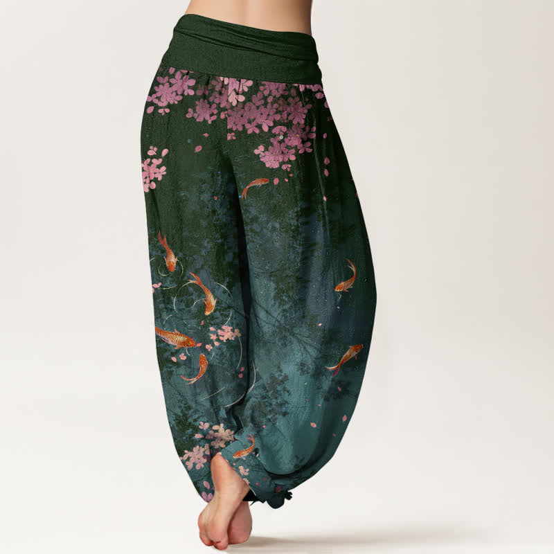 Buddha Stones Damenhose aus reiner Baumwolle mit Koi-Fisch-Sakura-Muster, elastischem Bund und Taschen - image 7