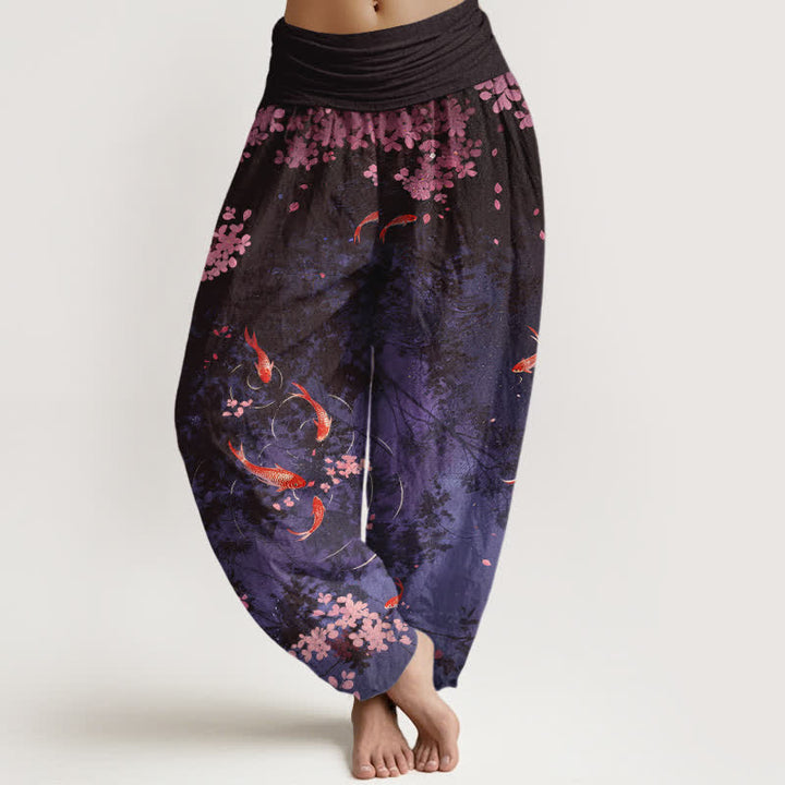 Buddha Stones Damenhose aus reiner Baumwolle mit Koi-Fisch-Sakura-Muster, elastischem Bund und Taschen - Indigo - US16, UK/AU20, EU48 (3XL) - image 8
