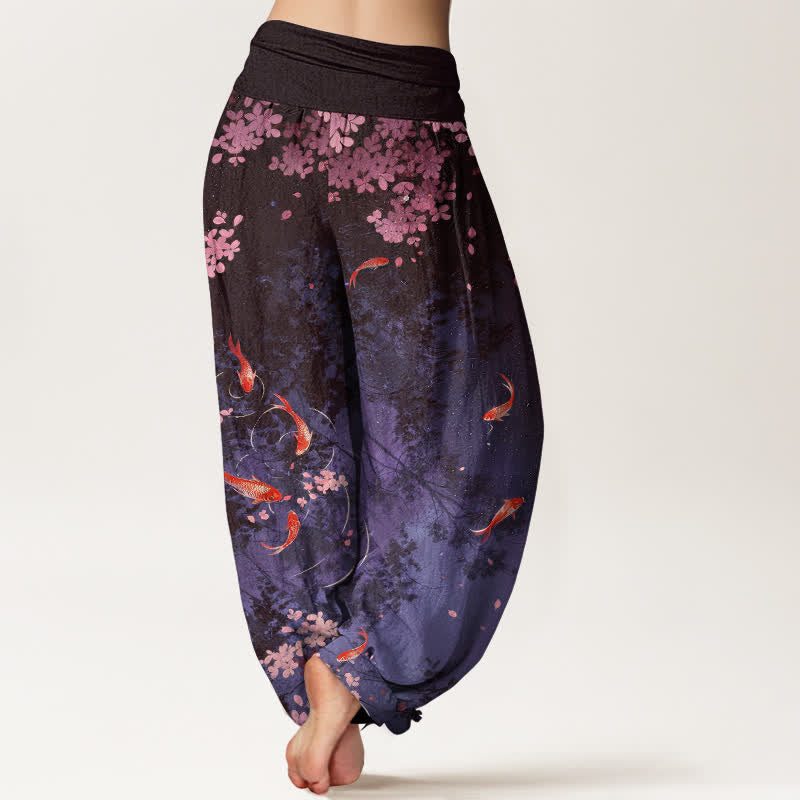 Buddha Stones Damenhose aus reiner Baumwolle mit Koi-Fisch-Sakura-Muster, elastischem Bund und Taschen - image 10