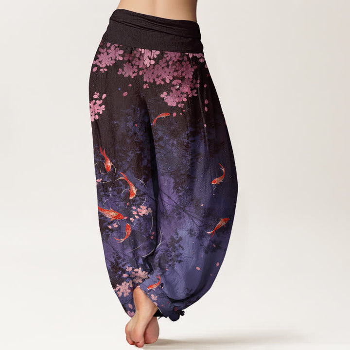 Buddha Stones Damenhose aus reiner Baumwolle mit Koi-Fisch-Sakura-Muster, elastischem Bund und Taschen - image 10