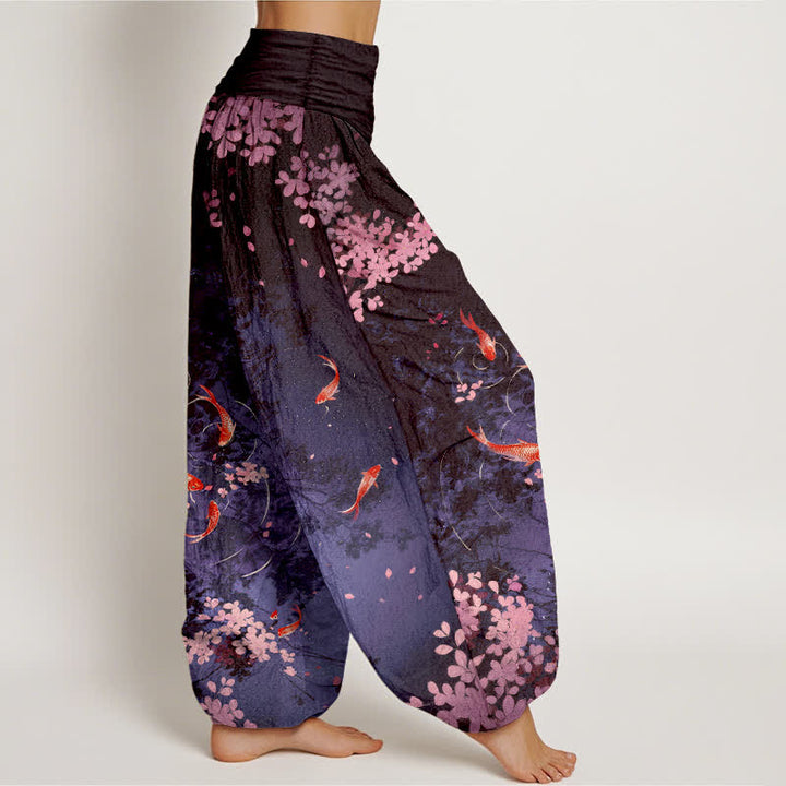 Buddha Stones Damenhose aus reiner Baumwolle mit Koi-Fisch-Sakura-Muster, elastischem Bund und Taschen - image 9